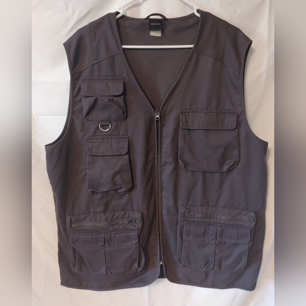 Men's L Gray Blue Gorpcore Fishing Tactical Hiking Utility Pocketed Vest